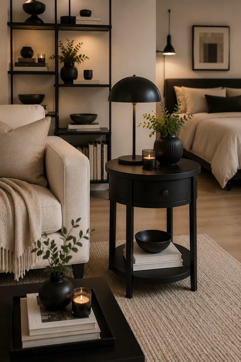 Black accent furniture adding contrast to a warm neutral modern studio apartment