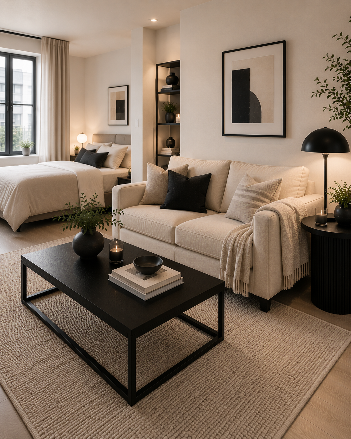 Black coffee table styled with cream seating and warm neutral decor in a modern studio apartment
