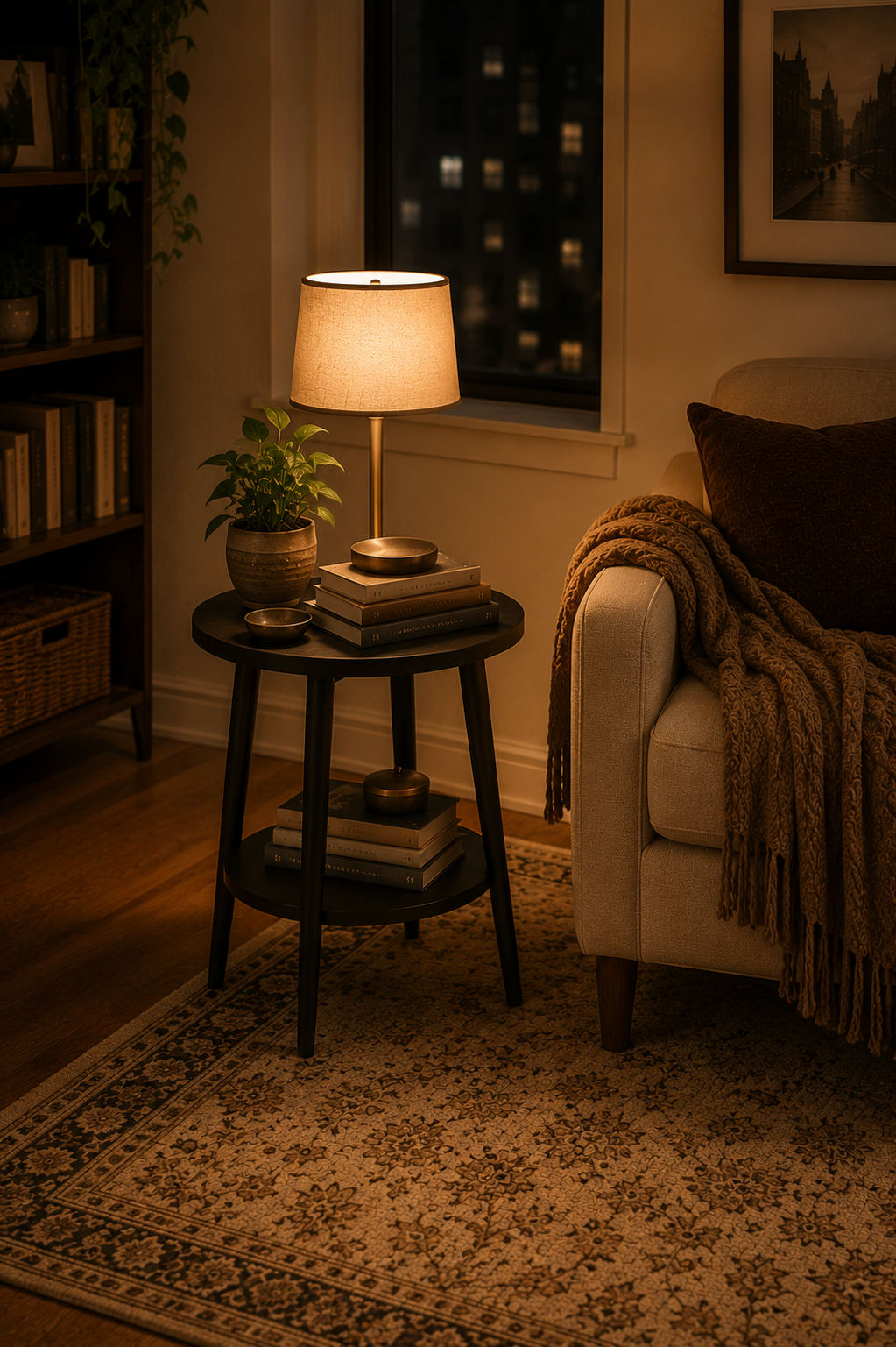 Small black side table styled with a lamp and book in a cozy studio