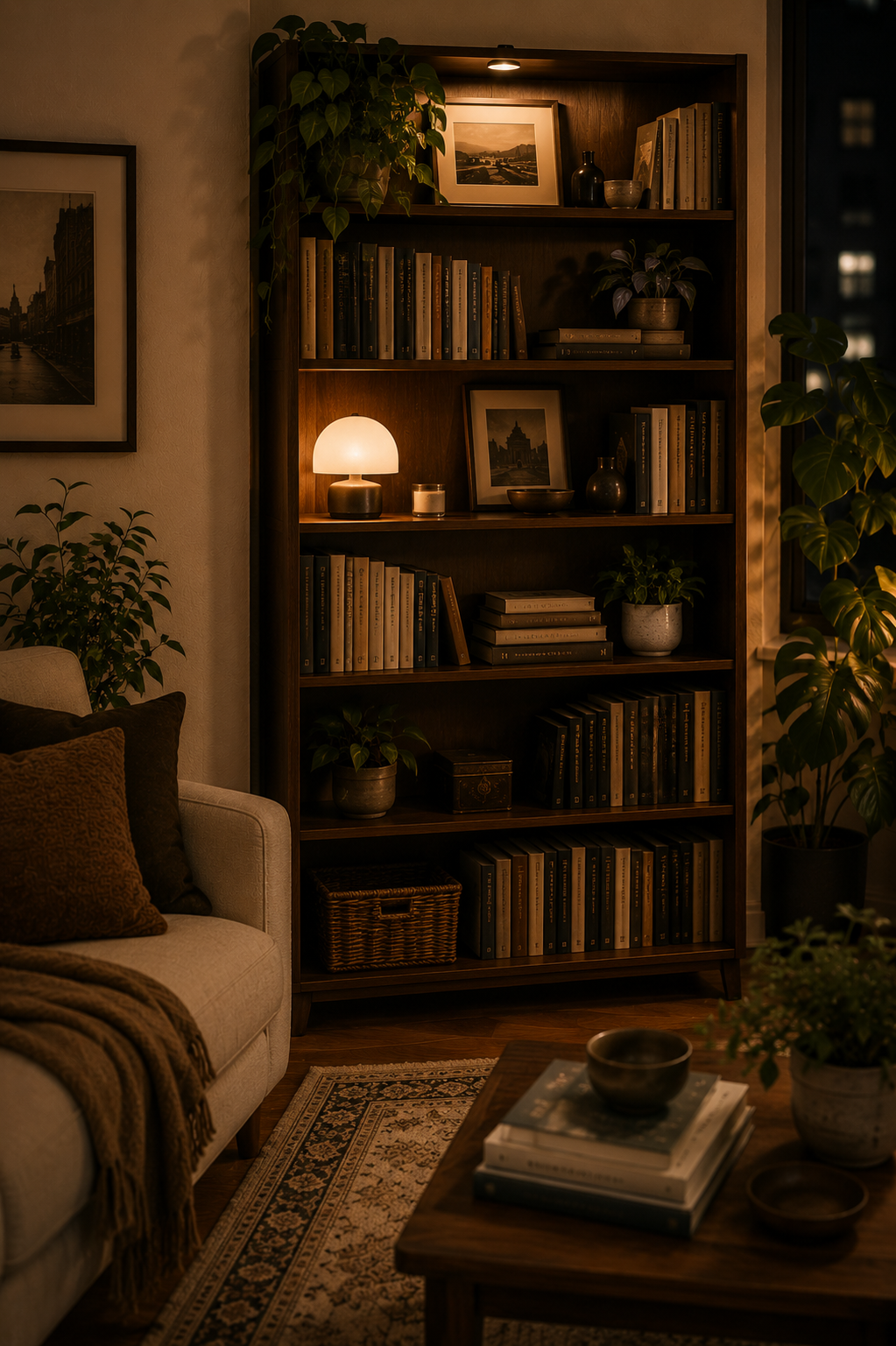 Styled bookshelf with books and warm vintage decor in a studio apartment