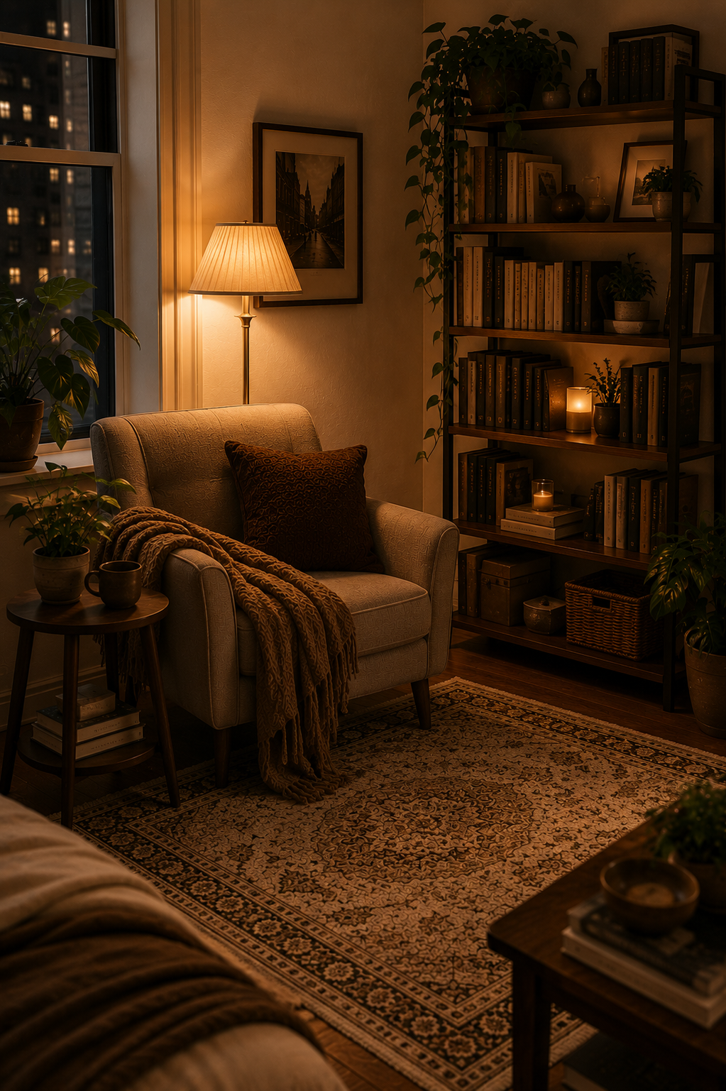 Cozy reading corner in a vintage studio apartment with bookshelves, warm lighting, and a comfortable chair