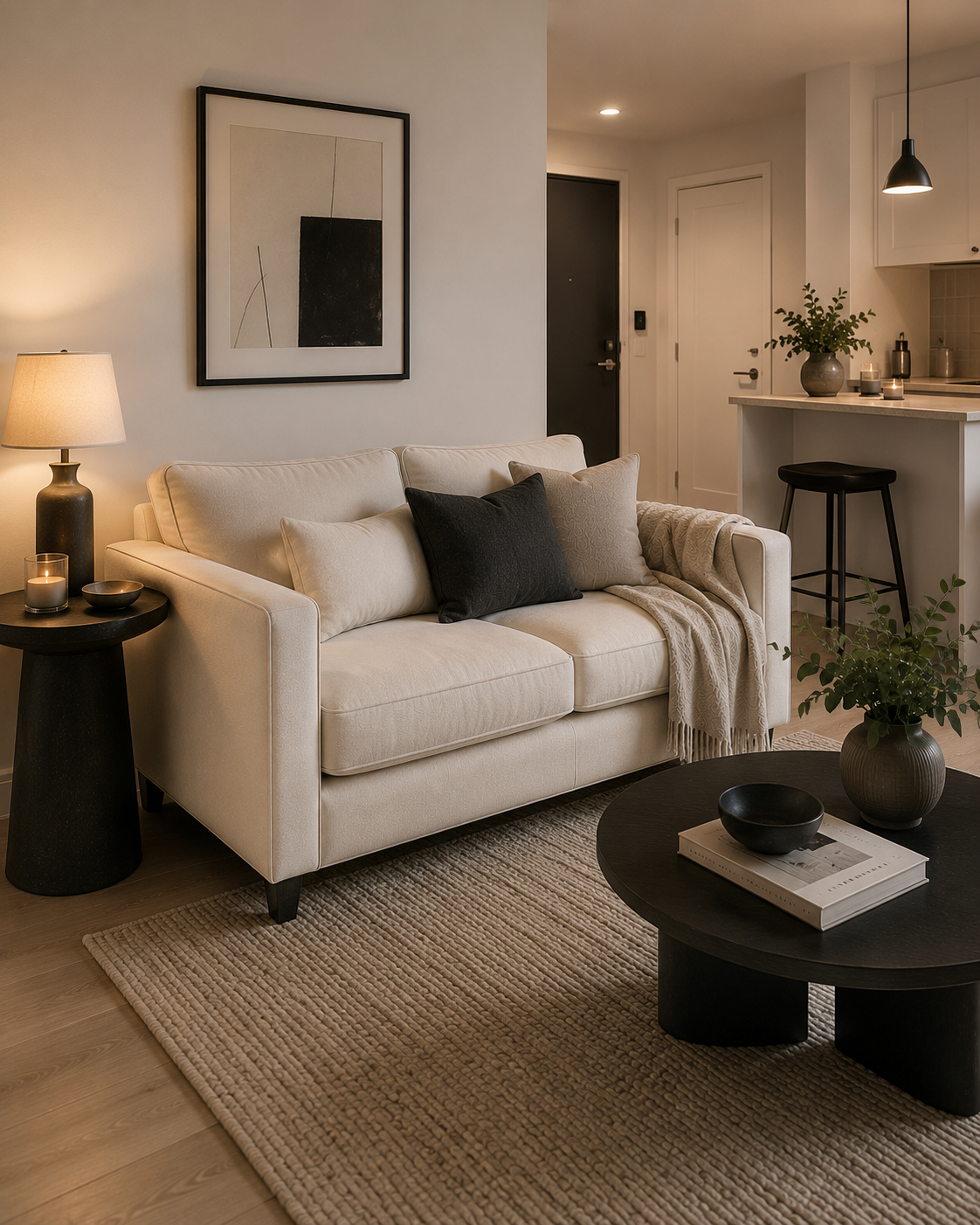 Cream loveseat anchoring a bright modern studio apartment living area