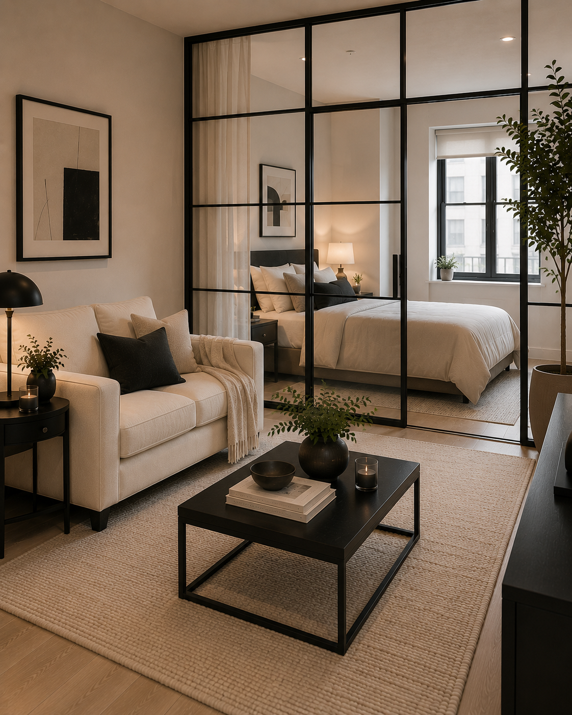 Glass room divider separating a bed area in a modern studio apartment while keeping light open