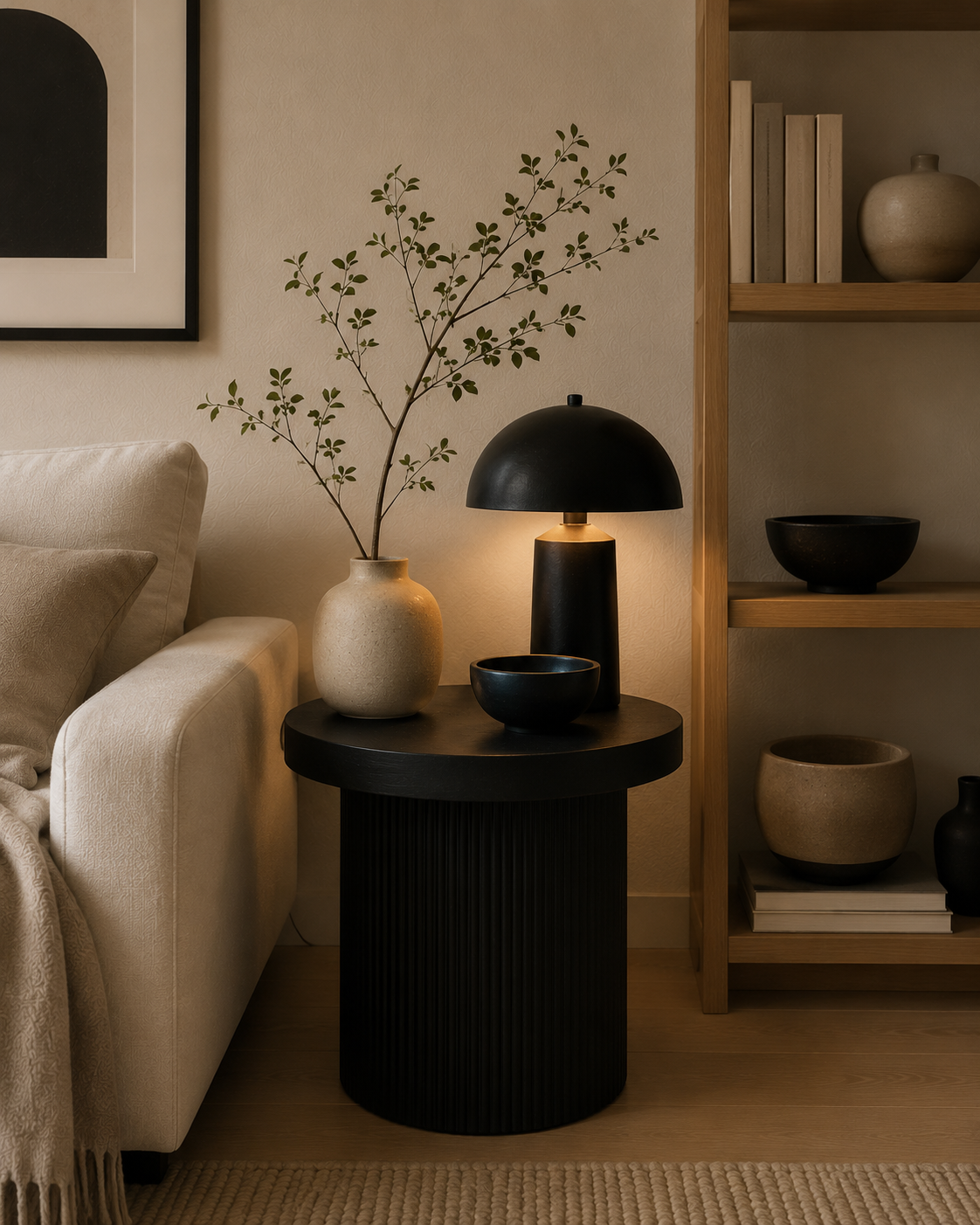 Japandi studio apartment styling with simple black accents and warm neutral decor