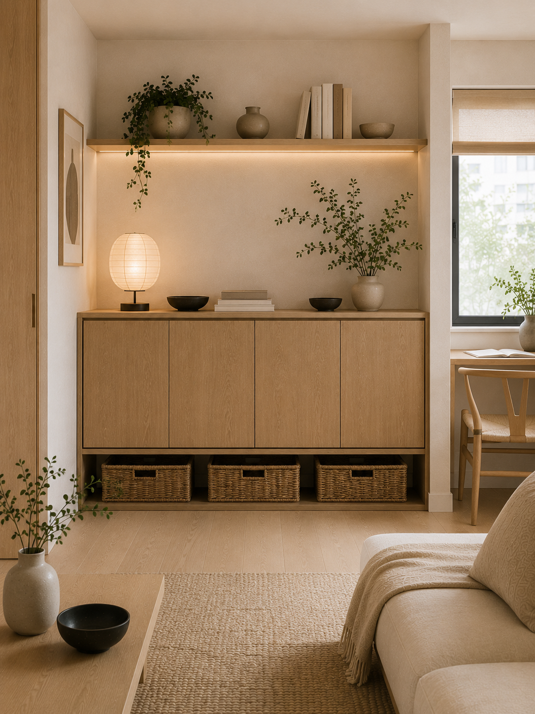Simple hidden storage keeping a Japandi studio apartment calm and uncluttered