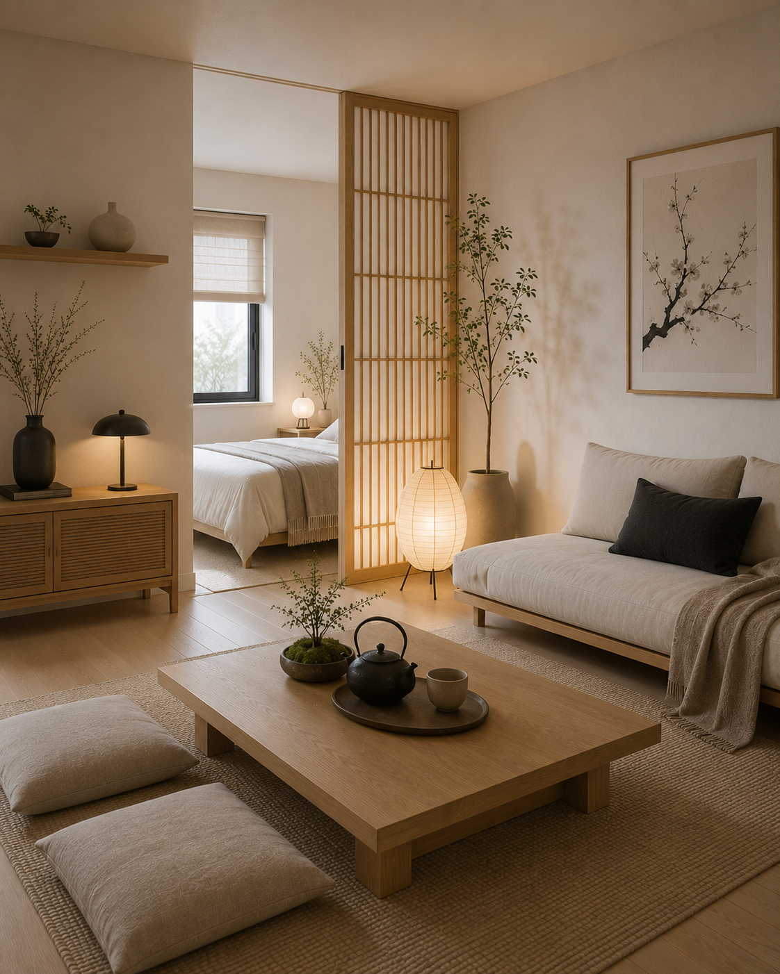 Modern Japandi studio apartment details with Japanese-inspired decor and natural materials