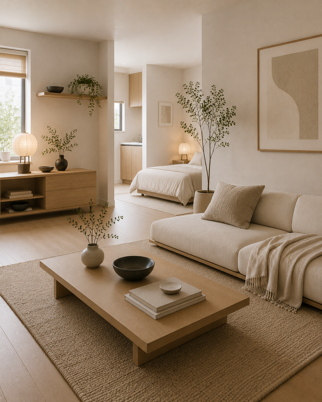Low-profile Japandi furniture arranged in a calm small studio apartment