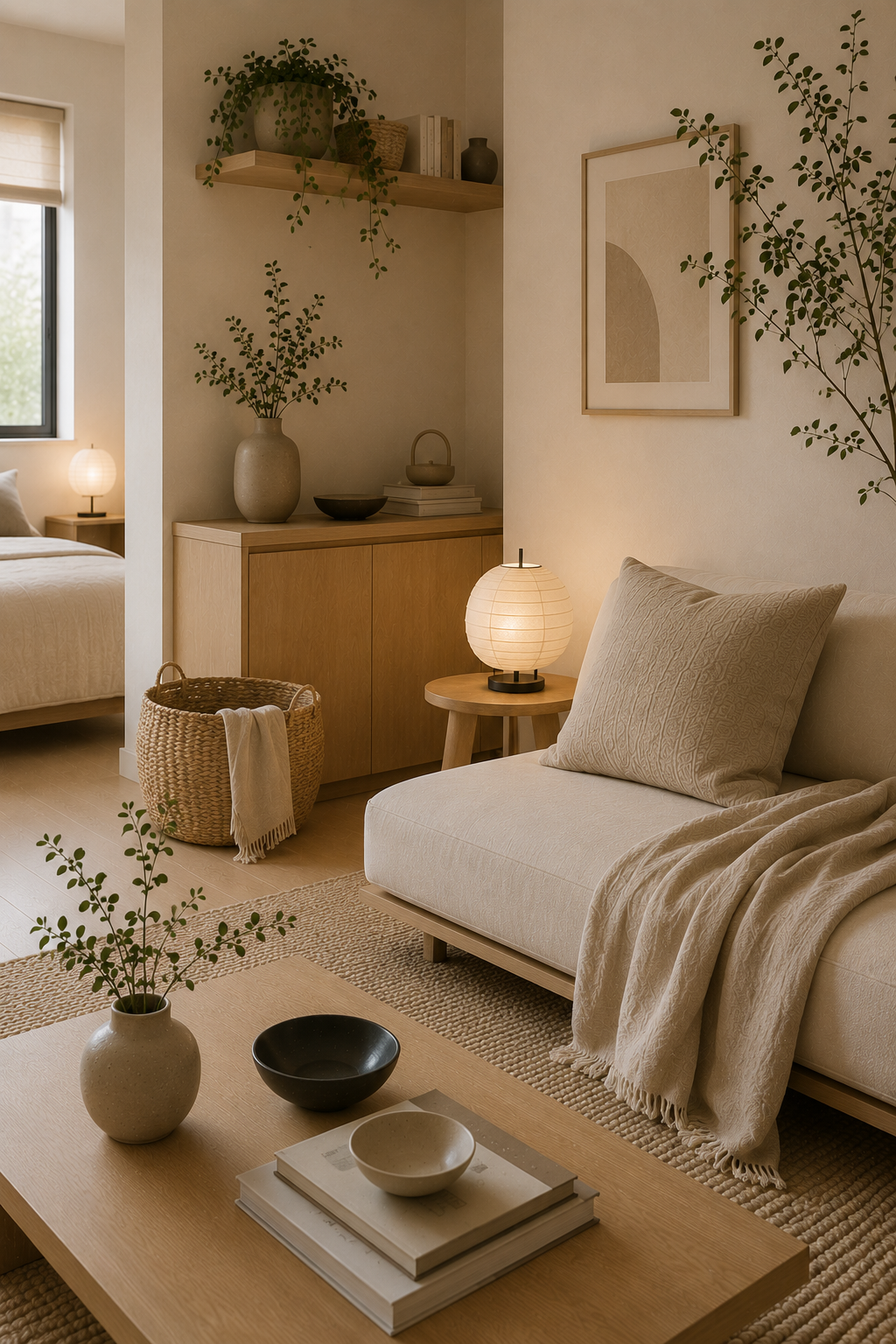 Natural Japandi textures with linen, wood, and woven details in a small apartment