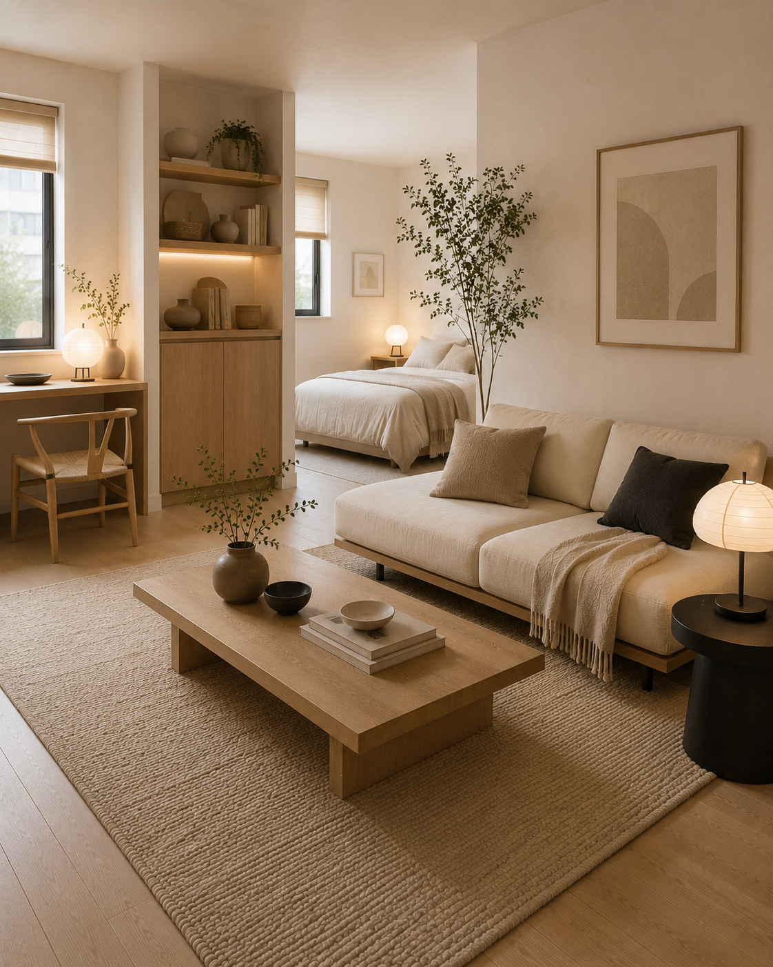 Neutral area rug grounding a calm Japandi studio apartment living space