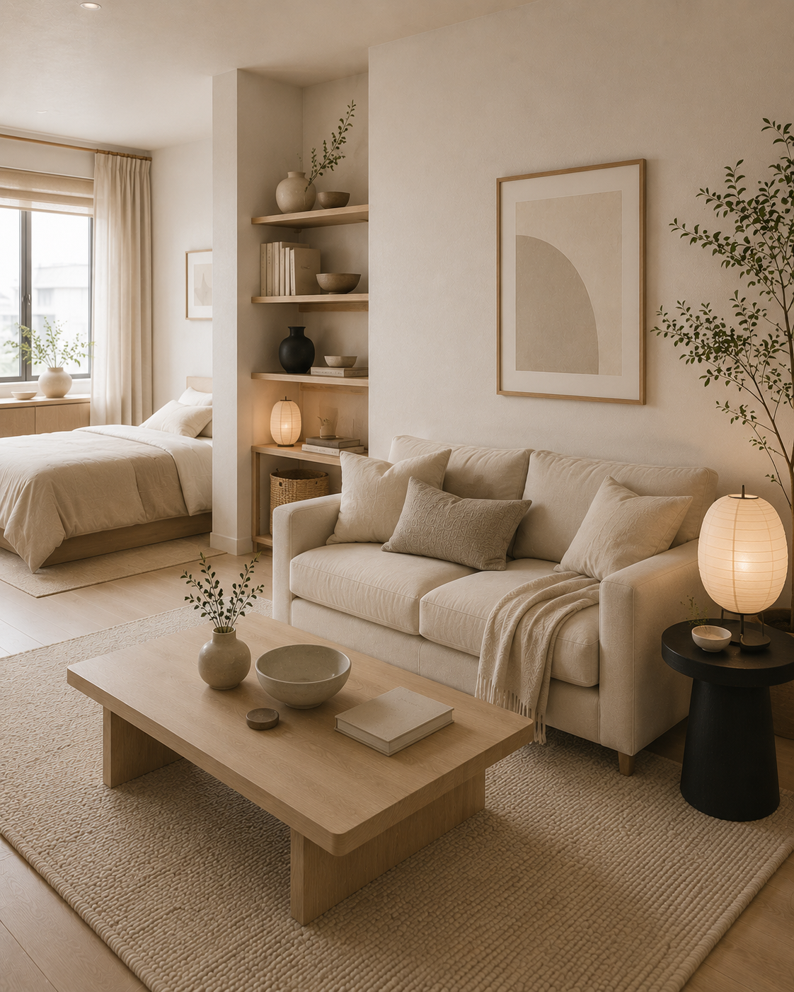 Calm Japandi neutral color palette with cream, beige, warm wood, and soft black accents