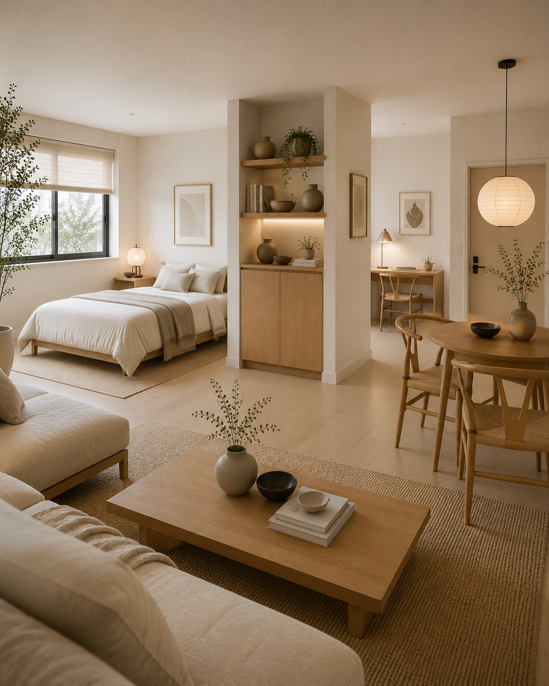 Open Japandi studio apartment layout with clear pathways and calm furniture placement