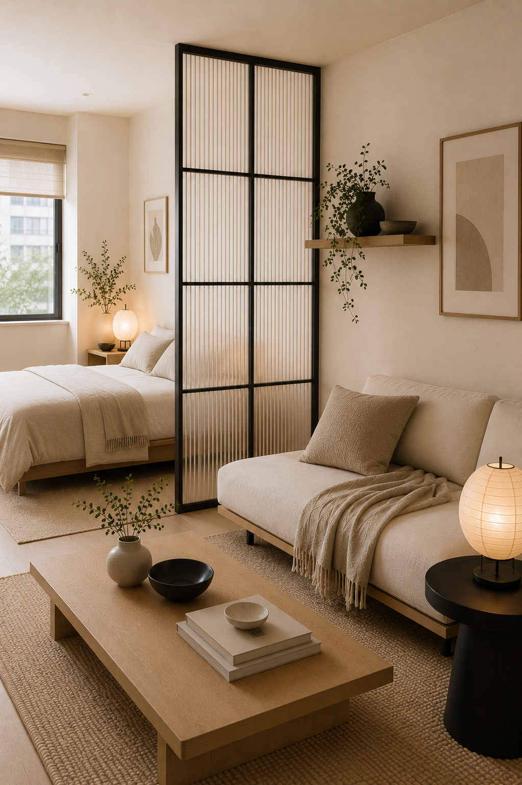 Japandi room divider creating a soft partition in a small studio apartment