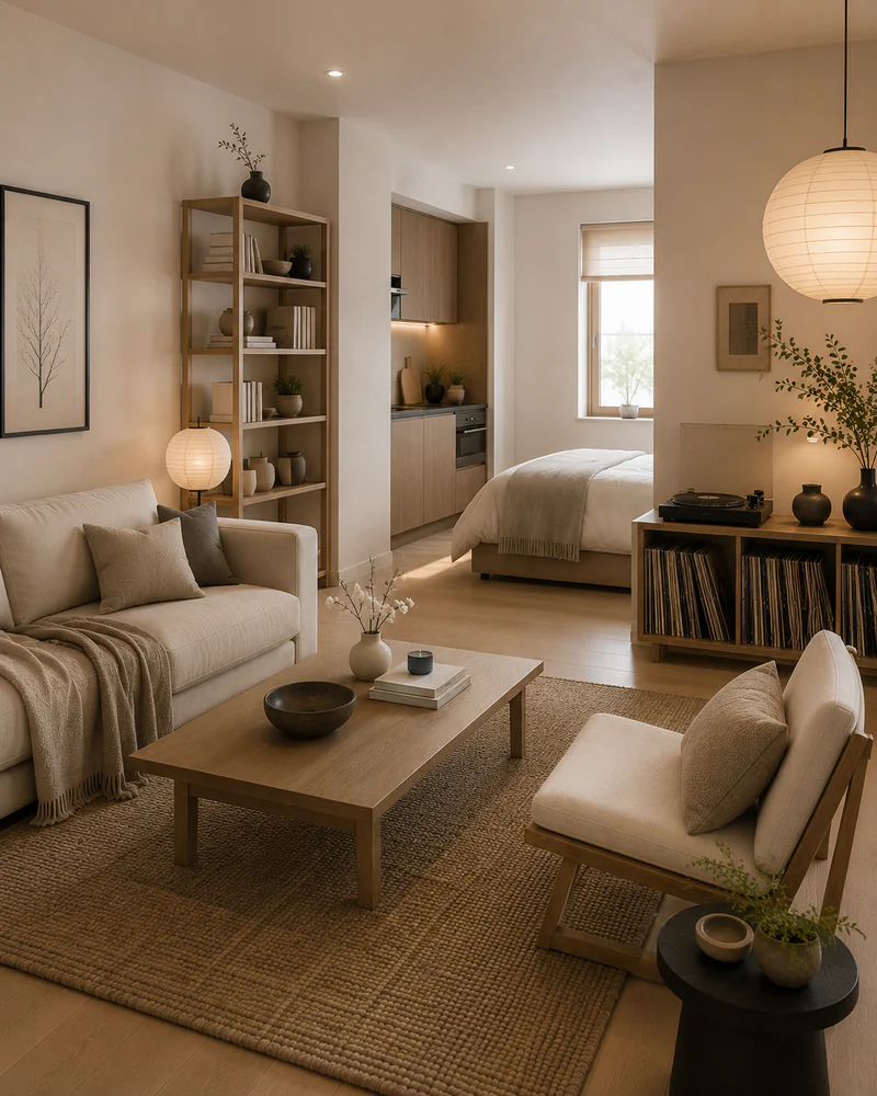 Calm neutral studio apartment with Japandi-inspired small-space styling