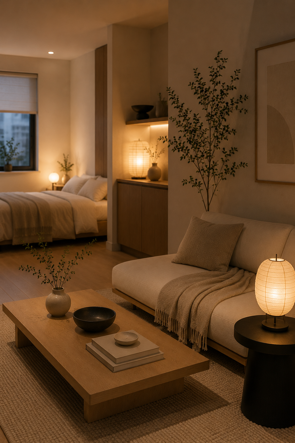 Warm Japandi lighting with soft lamps in a neutral studio apartment