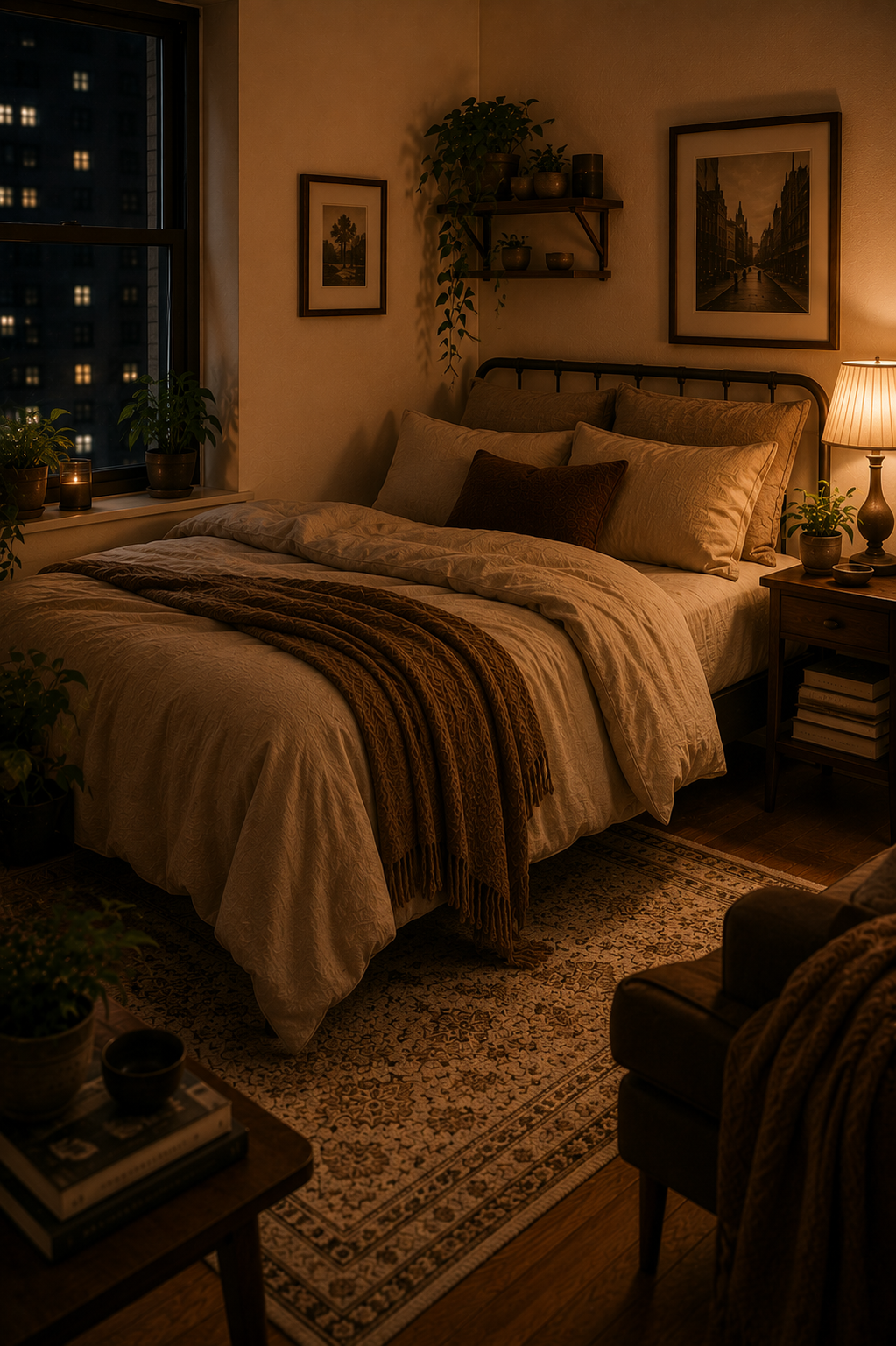 Relaxed neutral linen bedding in a cozy vintage studio apartment