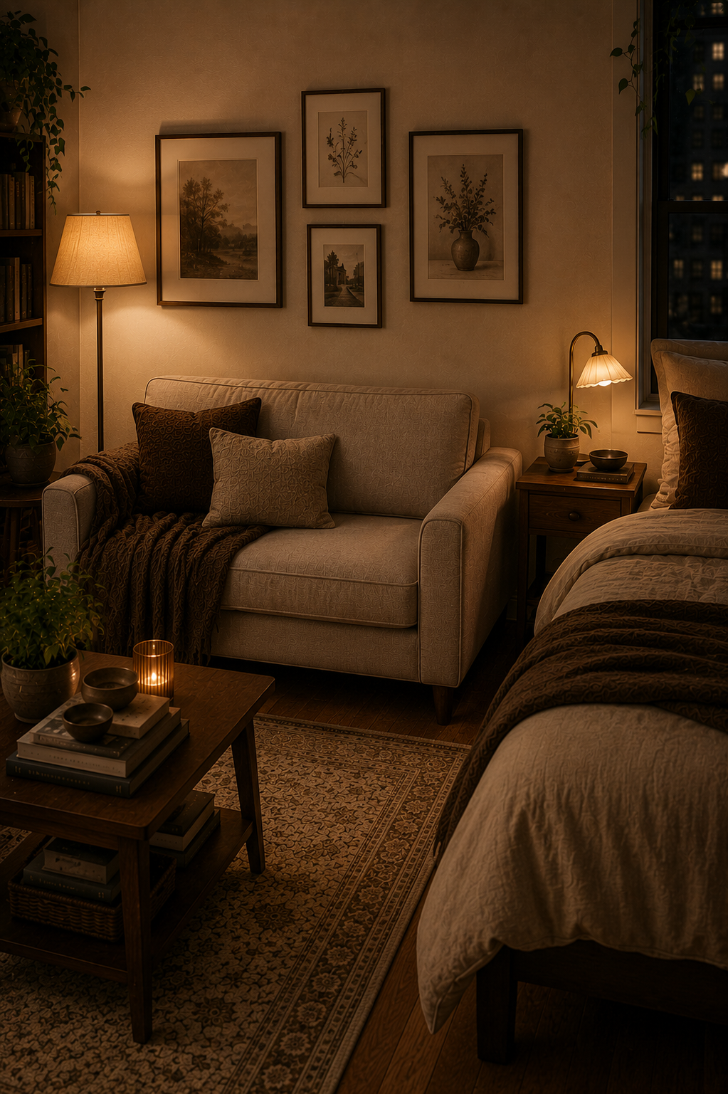 Minimal wall art above warm neutral vintage studio apartment decor