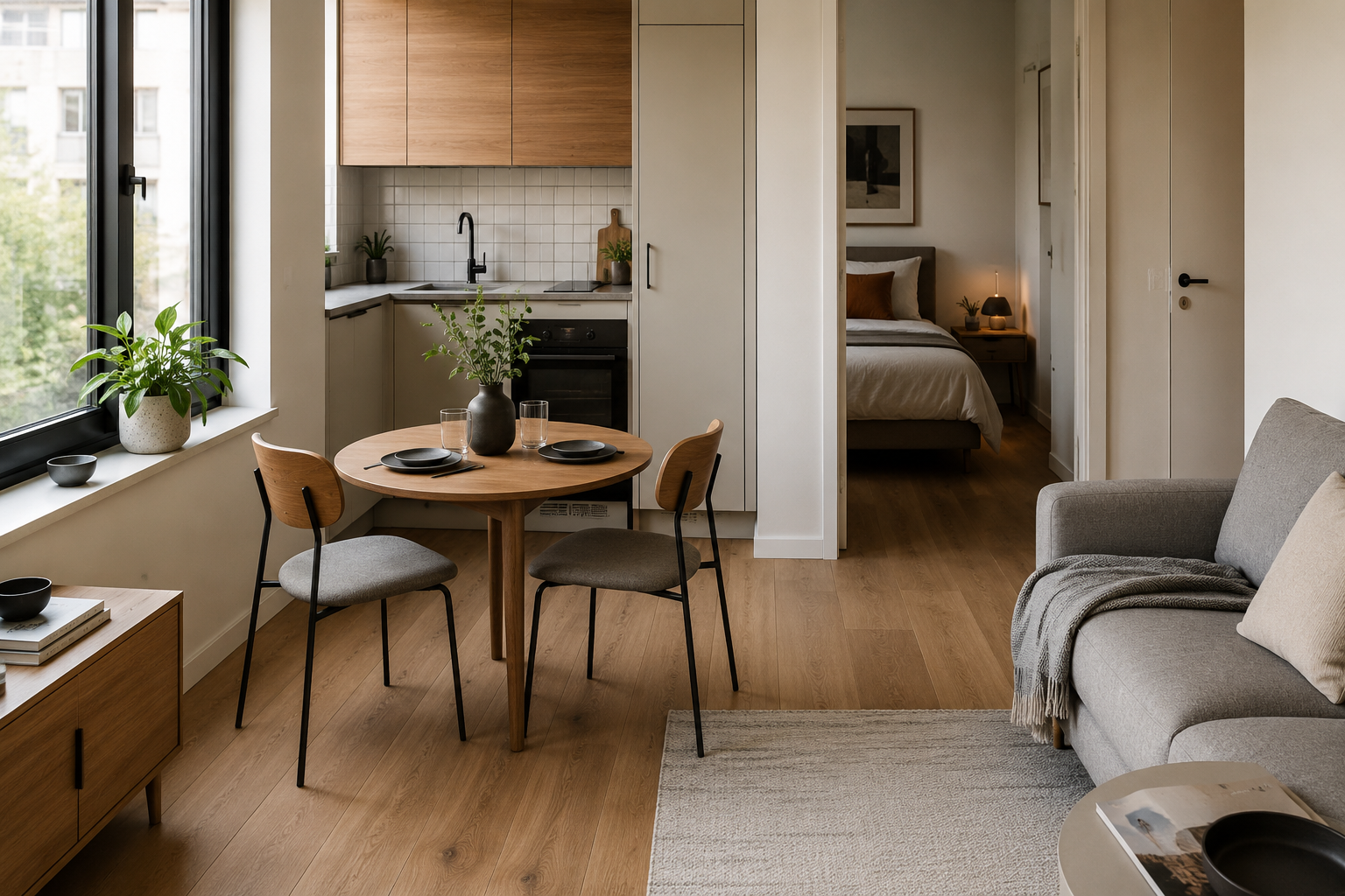 Compact dining table styled in a modern small studio apartment