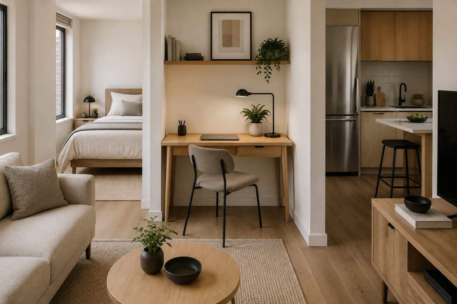 Small home office nook with a slim desk in a modern studio apartment