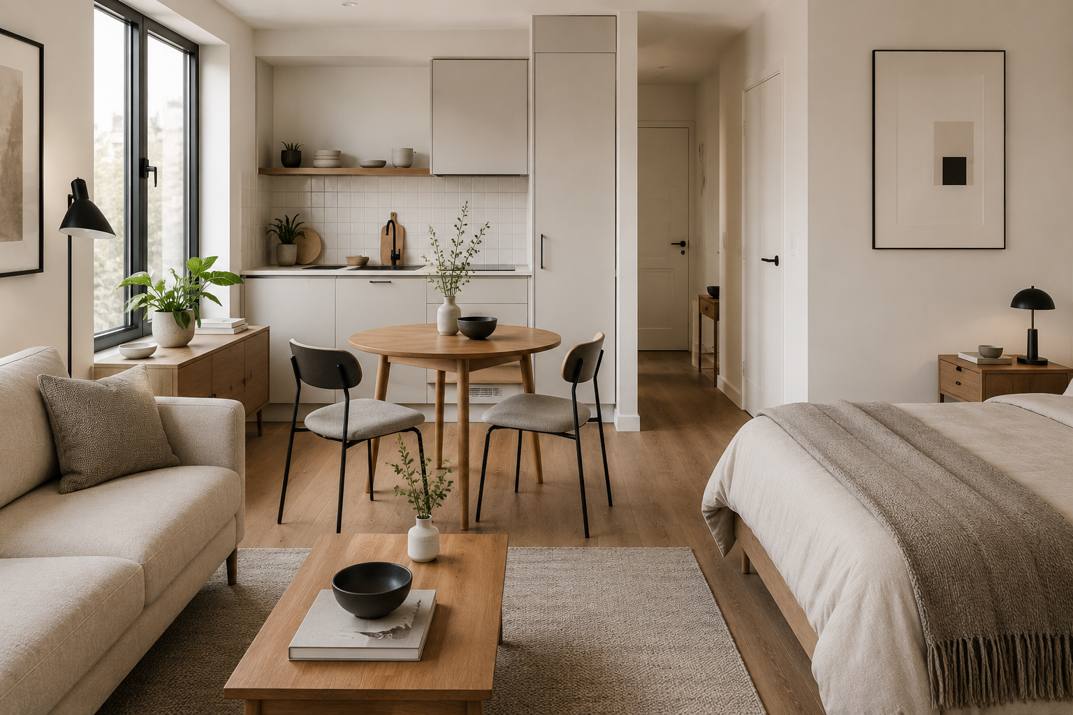 Simple modern studio apartment color palette with warm neutrals, wood tones, and soft black accents