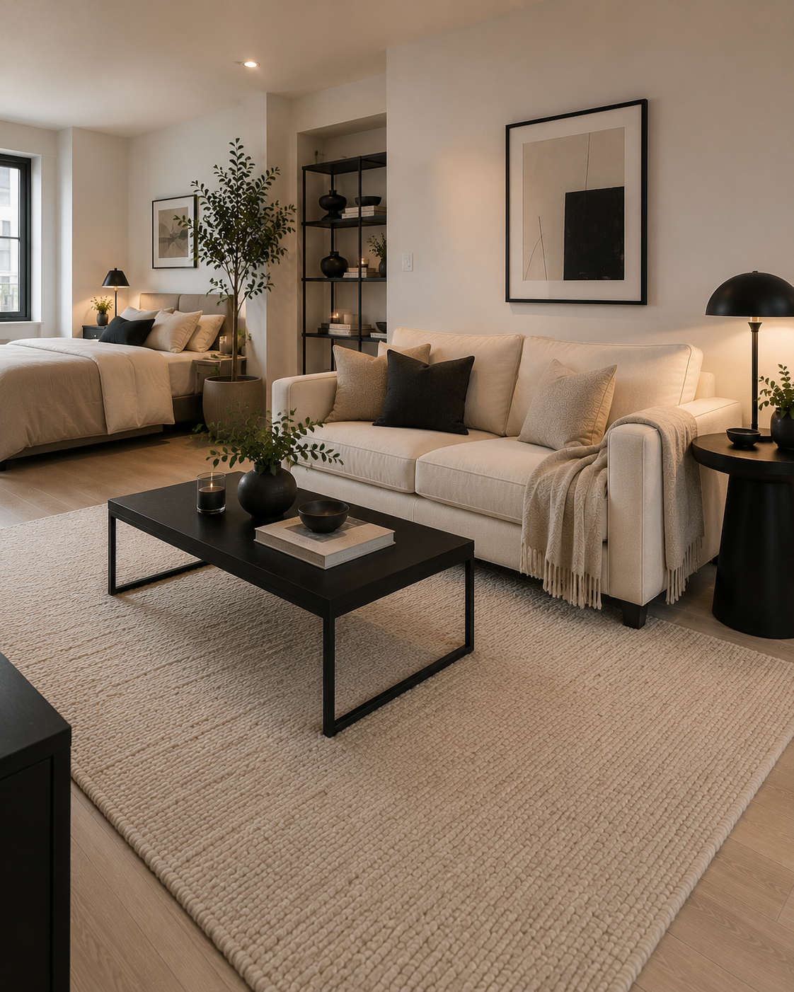 Neutral area rug grounding a bright modern studio apartment living area
