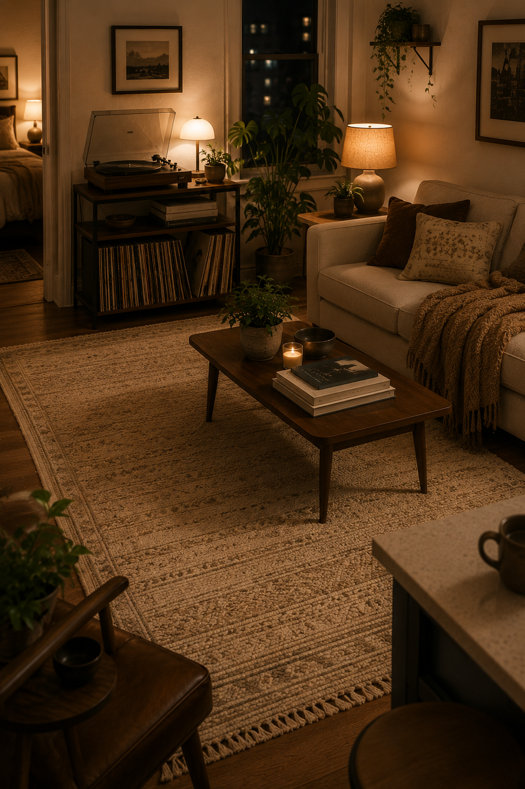 Neutral area rug grounding a cozy vintage studio apartment living area