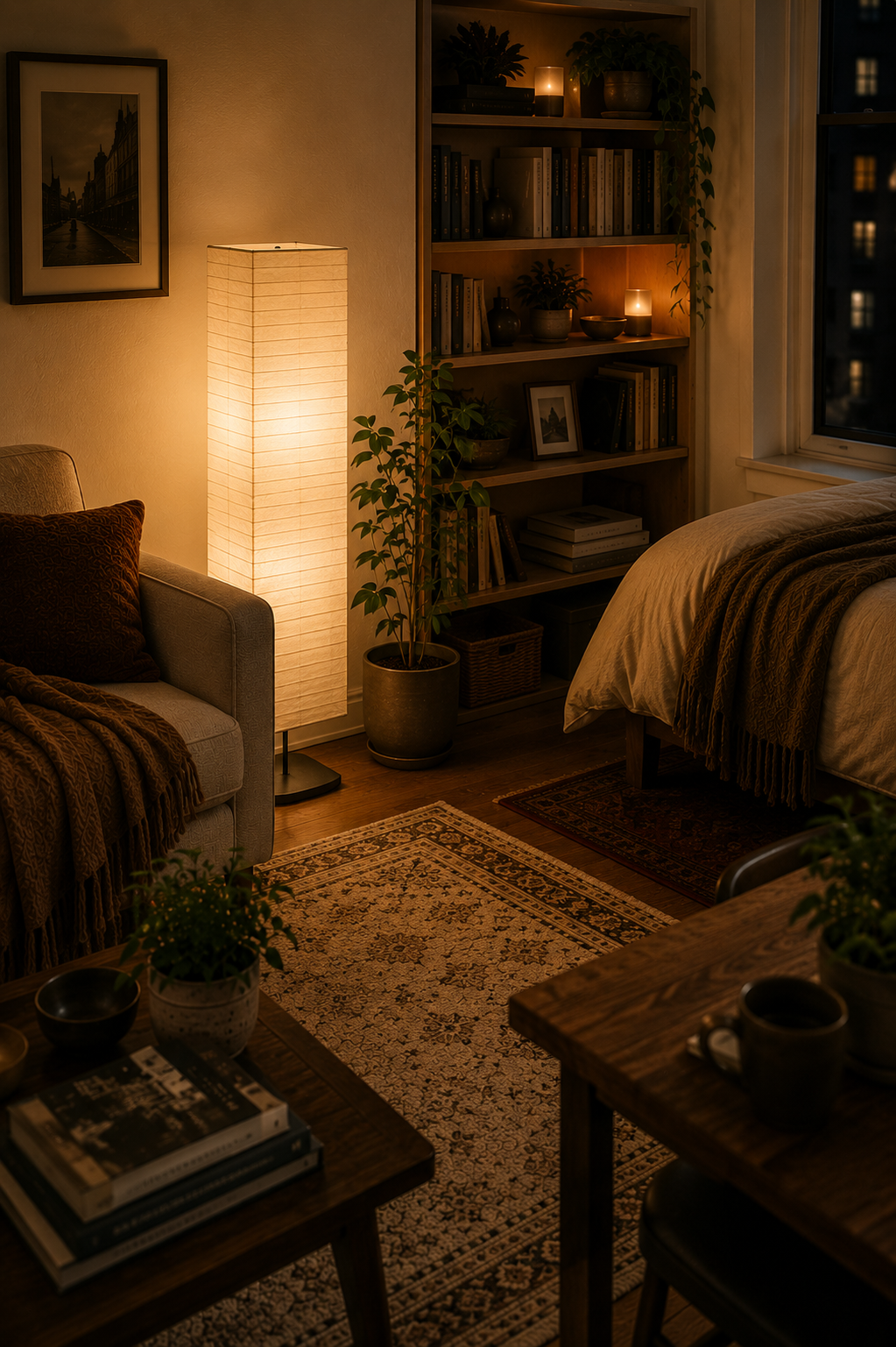 Paper floor lamp adding soft warm light to a vintage studio apartment