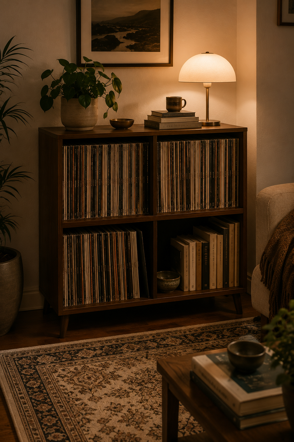 Organized vinyl record storage in a cozy small apartment corner