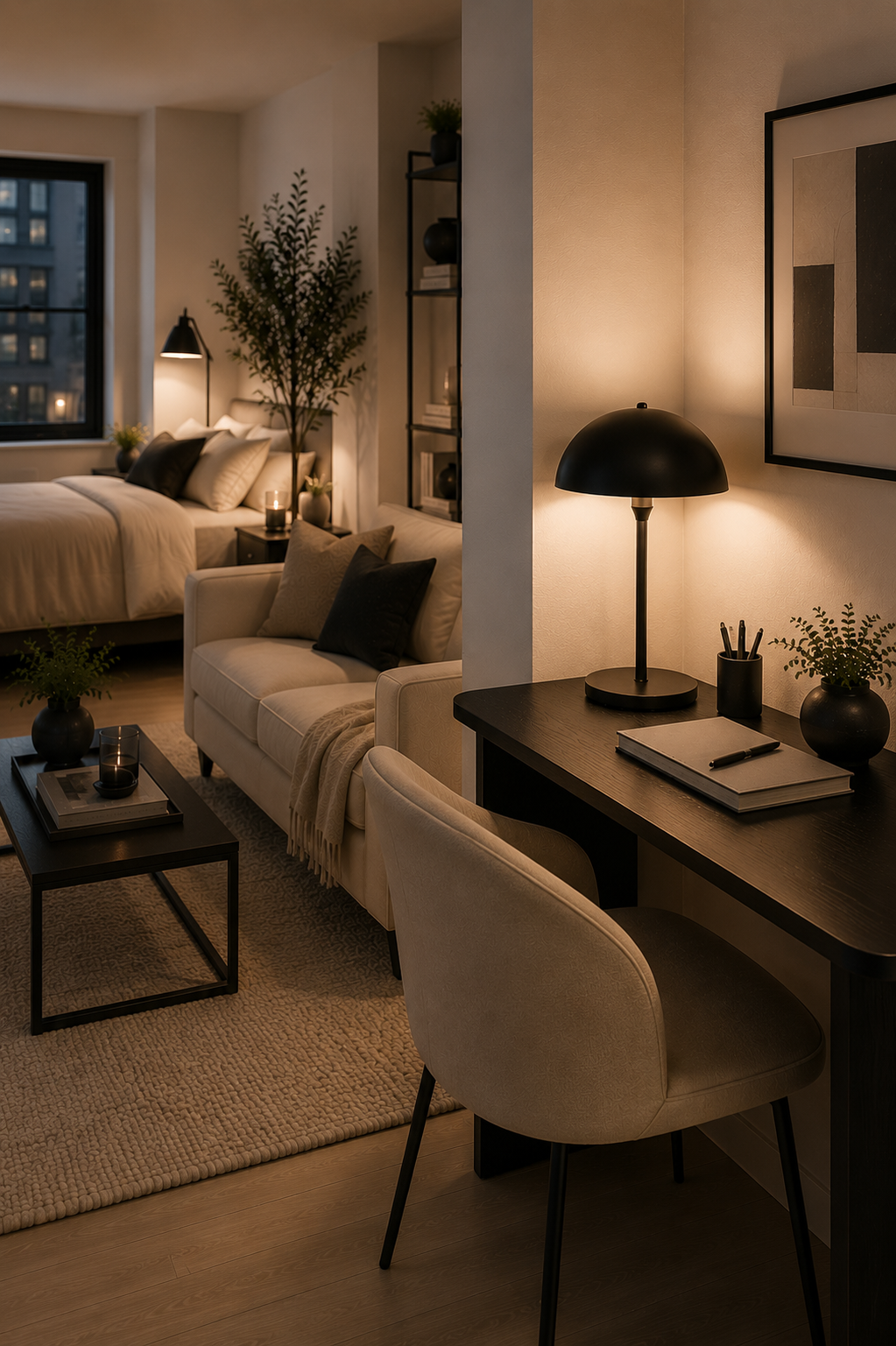 Soft ambient lighting creating a warm evening mood in a modern studio apartment