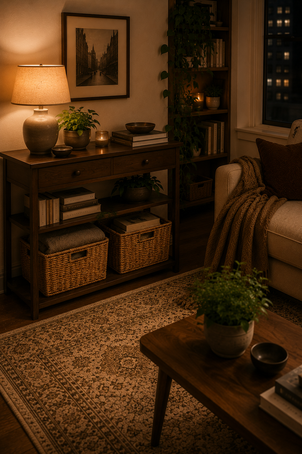 Woven storage baskets holding blankets in a warm small apartment