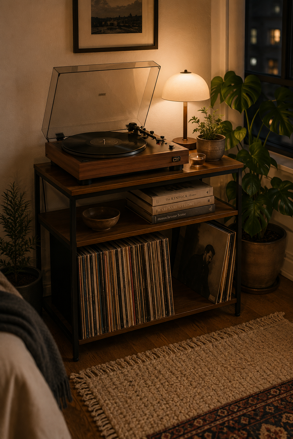 Cozy vintage studio apartment turntable corner with records and warm decor