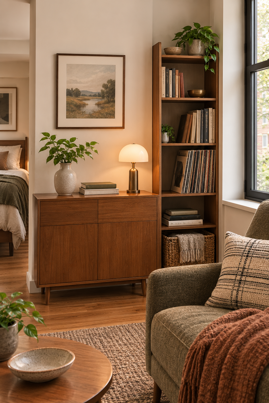 Cozy organized vintage studio apartment with books, warm lighting, and neatly arranged storage