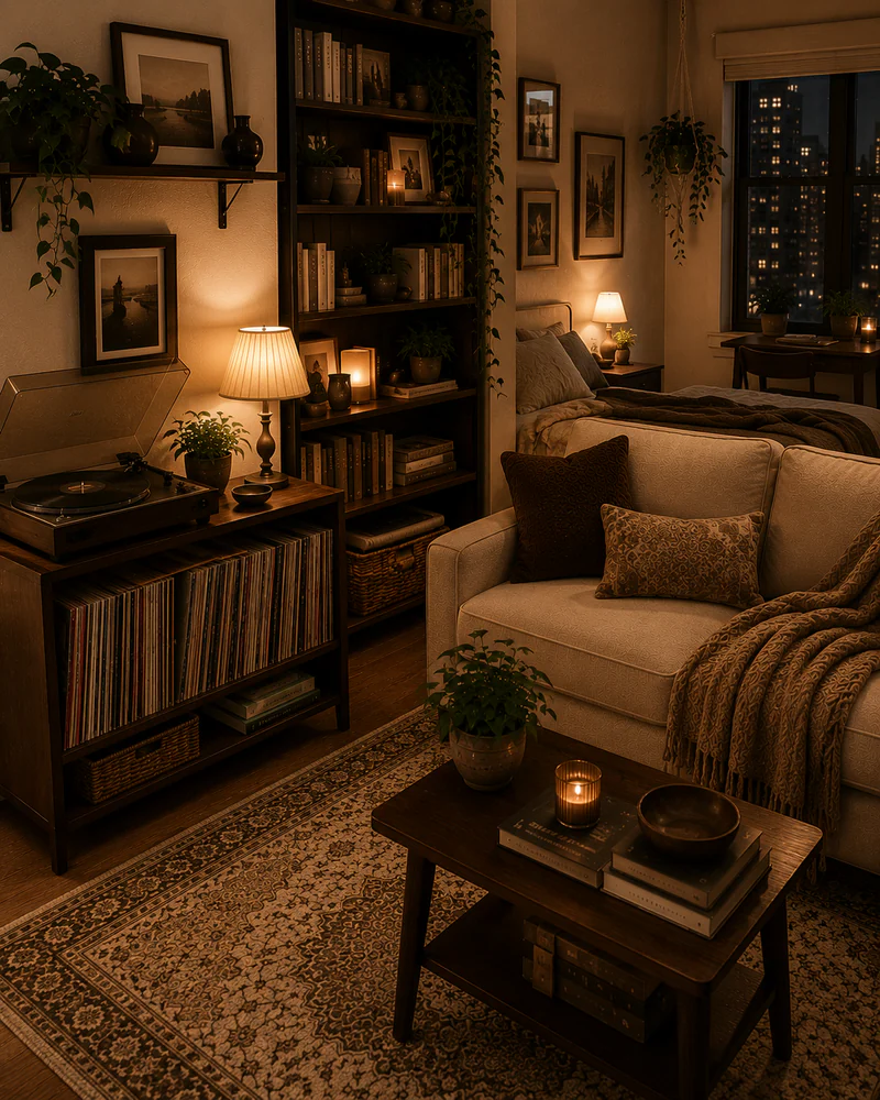 Cozy vintage studio apartment with books, records, and warm lighting