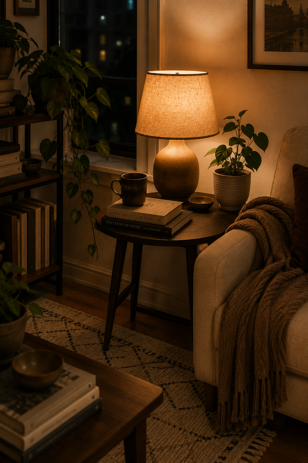 Warm table lamp glowing beside vintage books in a small apartment